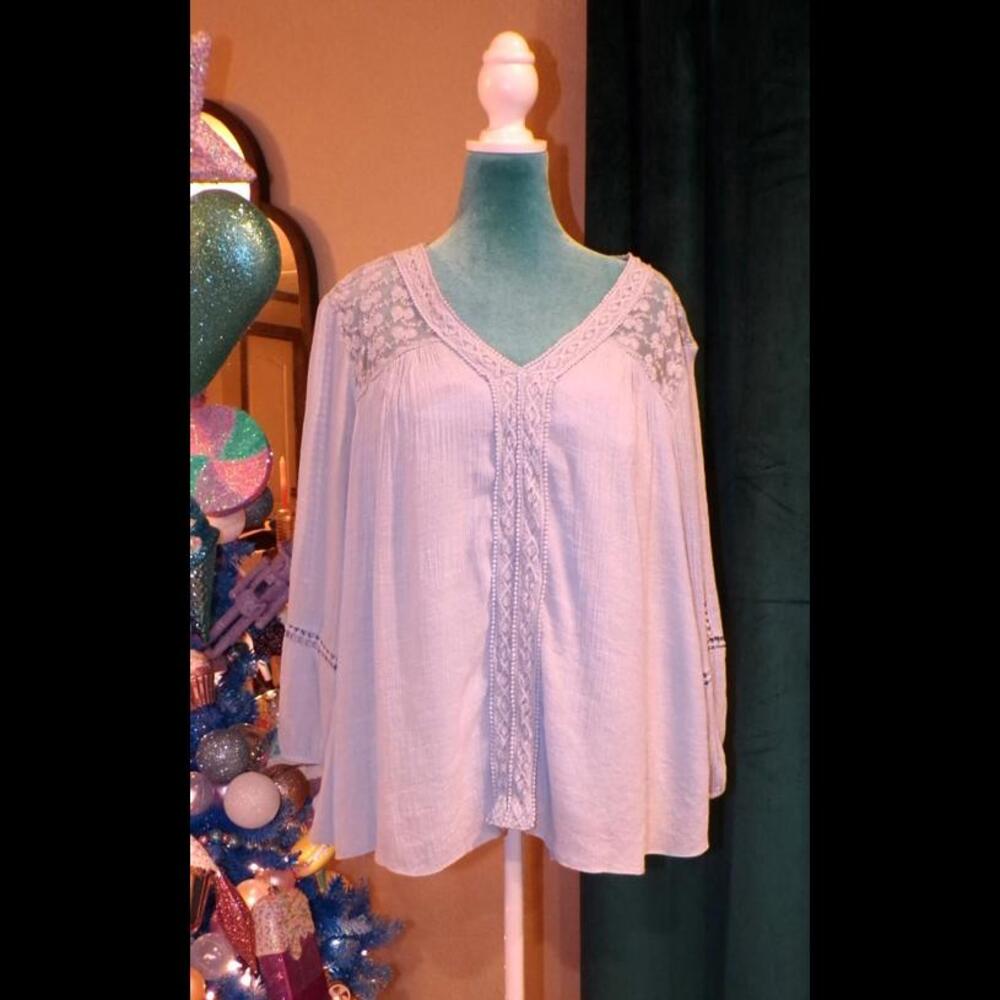 Woman's John Paul Richard Baby Blue V-Neck Boho Top Crochet Lace Size XL